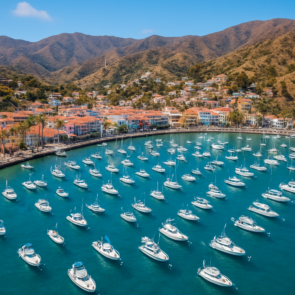Aerial view of Avalon Harbor showing the beautiful bay, boats, and the iconic Catalina Casino