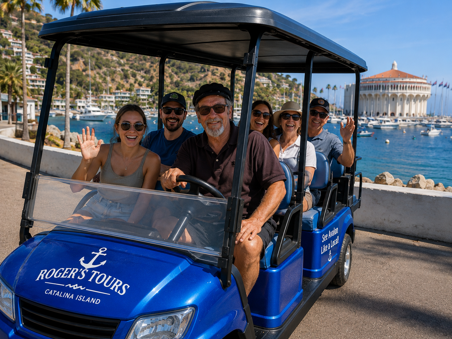 Roger driving his blue Roger's Tours golf cart with happy tourists in Avalon, Catalina Casino in the background